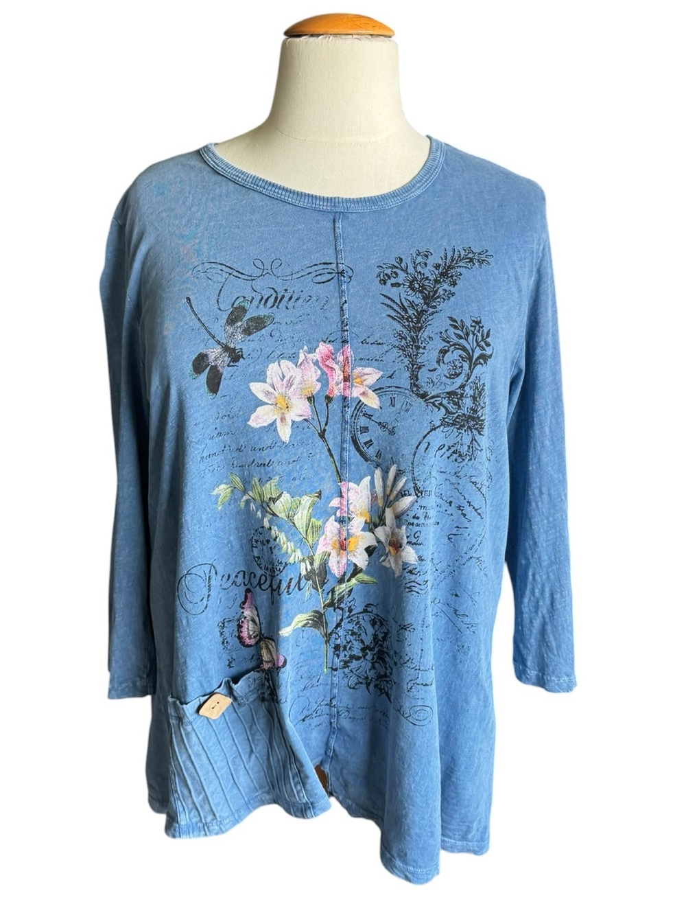 Jess & Jane Blue Floral Tunic Top 1X Artsy Cottagecore Boho Made in USA